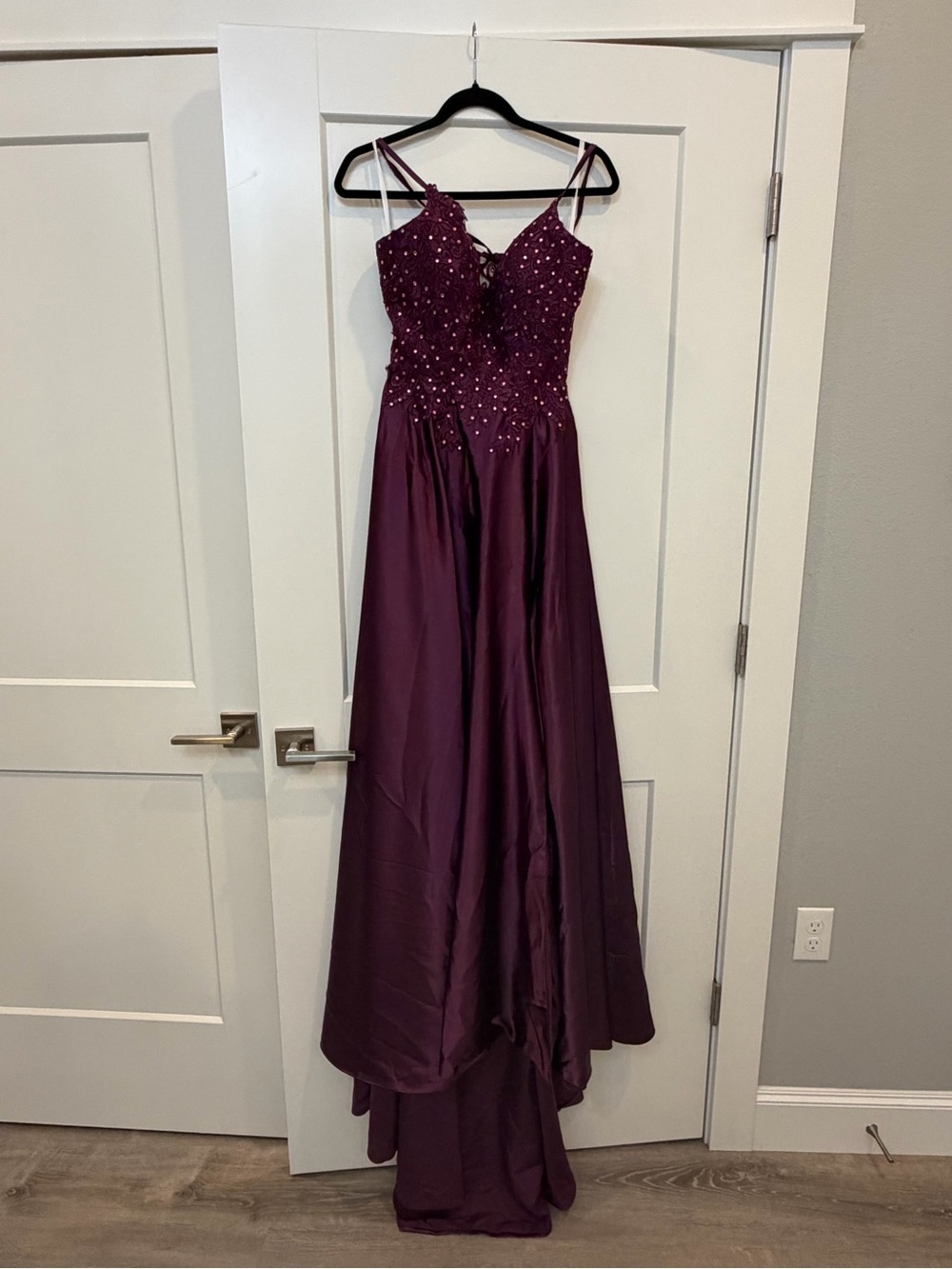 Beaded Plum Spaghetti-Strap Prom Dress